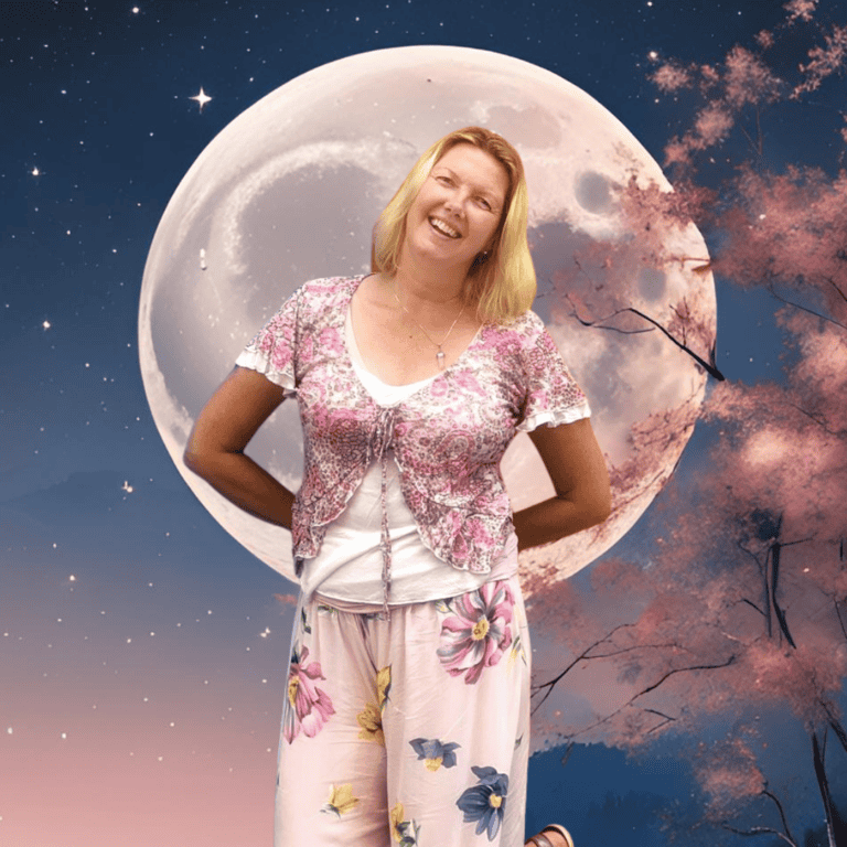 Friendly Coach Kristina standing in front of a large moon, working with the universe to manifest