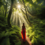 mysterious woman walking in a forest with light streaming through the branches, symbolising spiritual manifesting