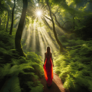 mysterious woman walking in a forest with light streaming through the branches, symbolising spiritual manifesting