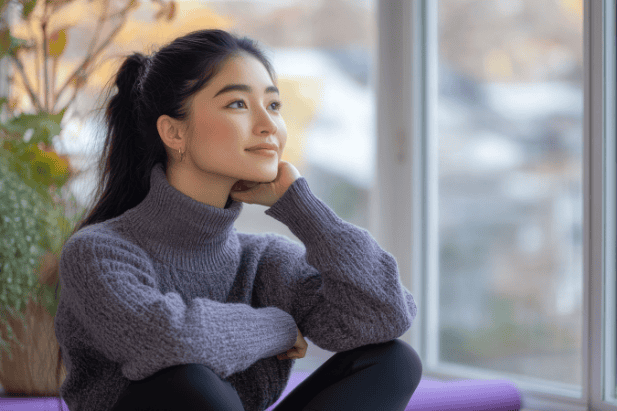 Serene woman looking calmly and happily out the window, symbolizing the transformation from overwhelm to inner calm and clarity