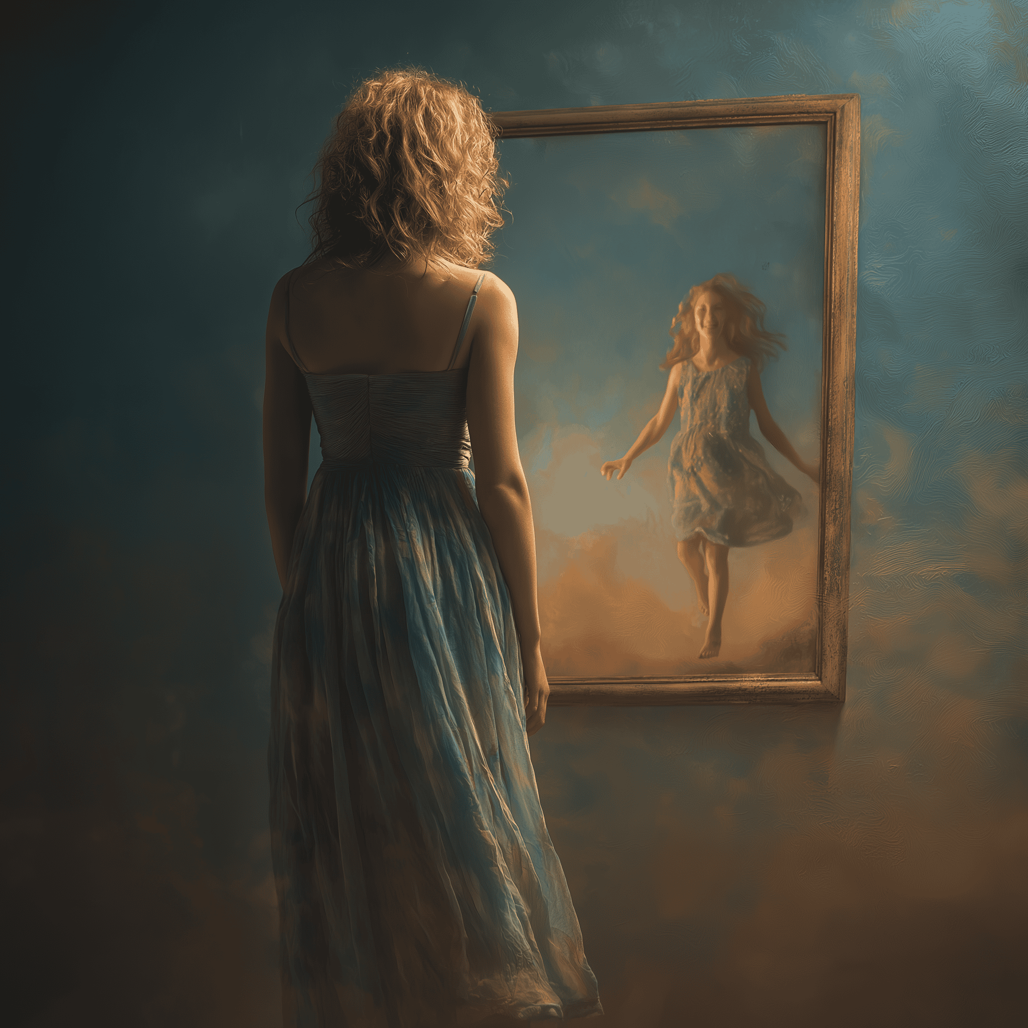 Woman in her fifties looking at mirror reflection of herself as joyful seven-year-old child