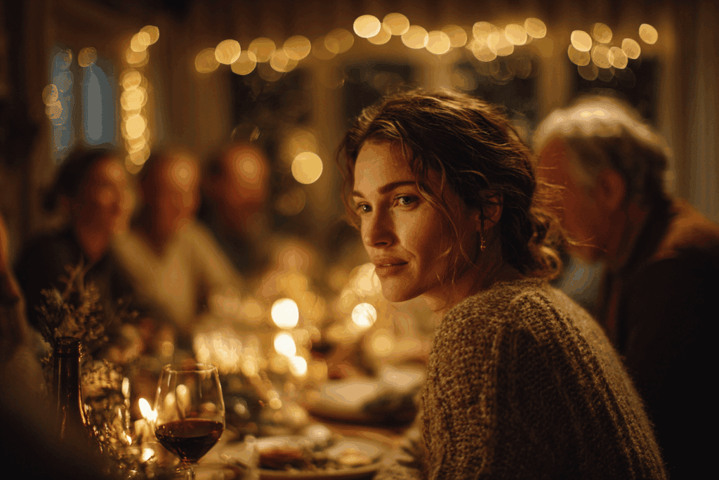 Woman feeling triggered and isolated at Christmas family dinner table - dealing with family triggers during holidays