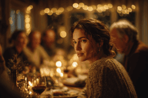 Woman feeling isolated and pensive at warm Christmas family gathering