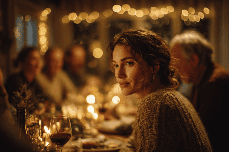 Woman feeling triggered and isolated at Christmas family dinner table - dealing with family triggers during holidays
