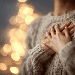 Woman setting boundaries with family during holidays, hands on heart practicing emotional self-care and shadow work