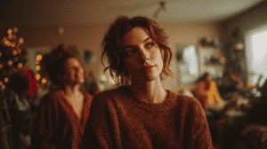 Sister-in-law being center of attention at Christmas while withdrawn woman stands apart - family dynamics and shadow work triggers at holiday gathering