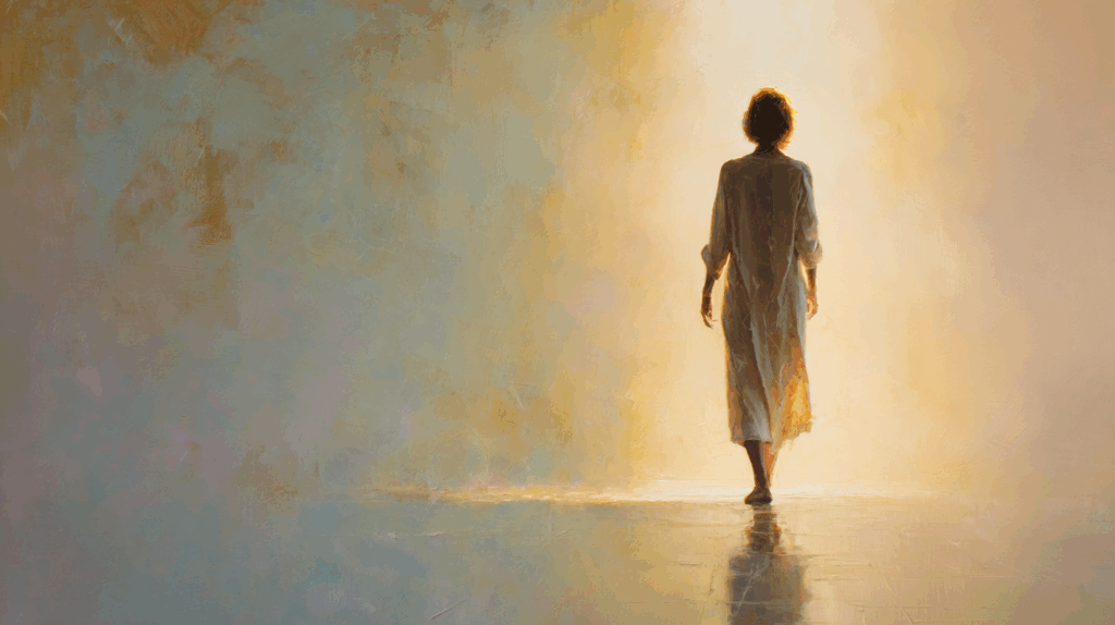 Woman stepping confidently out of shadows into warm light representing shadow work integration and authentic transformation