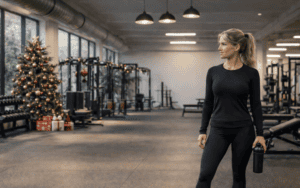 Woman in black workout clothes standing alone in empty gym with Christmas decorations, looking out window thoughtfully but pleased while holding water bottle