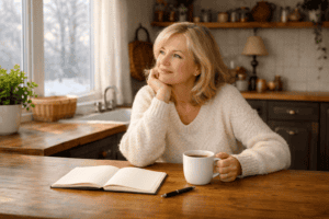 Woman writing self-reflection questions for New Year's resolutions at kitchen table with tea