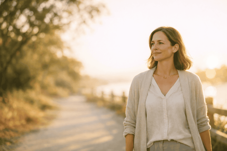 Woman walking along a quiet path in warm evening light, symbolising integration after a breakthrough but still feeling stuck