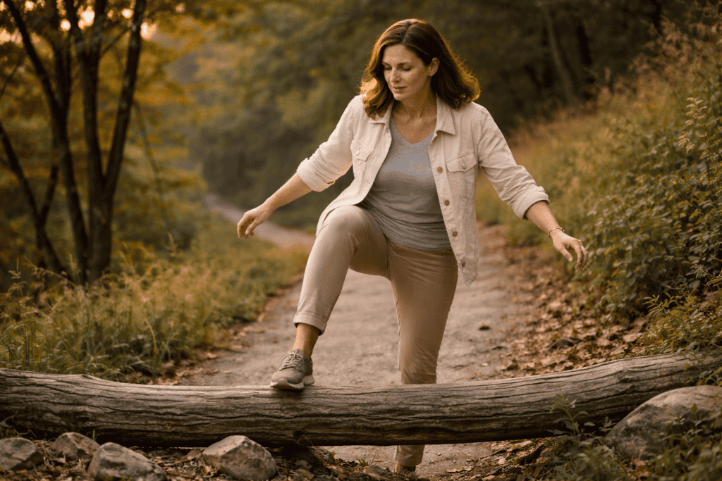 Woman stepping over a fallen tree on a forest path at golden hour, balancing carefully as she crosses an obstacle, symbolising moving from avoidance to action and overcoming procrastination.