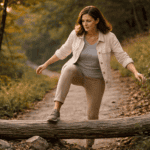 Woman stepping over a fallen tree on a forest path at golden hour, balancing carefully as she crosses an obstacle, symbolising moving from avoidance to action and overcoming procrastination.