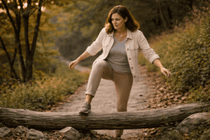 Woman stepping over a fallen tree on a forest path at golden hour, balancing carefully as she crosses an obstacle, symbolising moving from avoidance to action and overcoming procrastination.