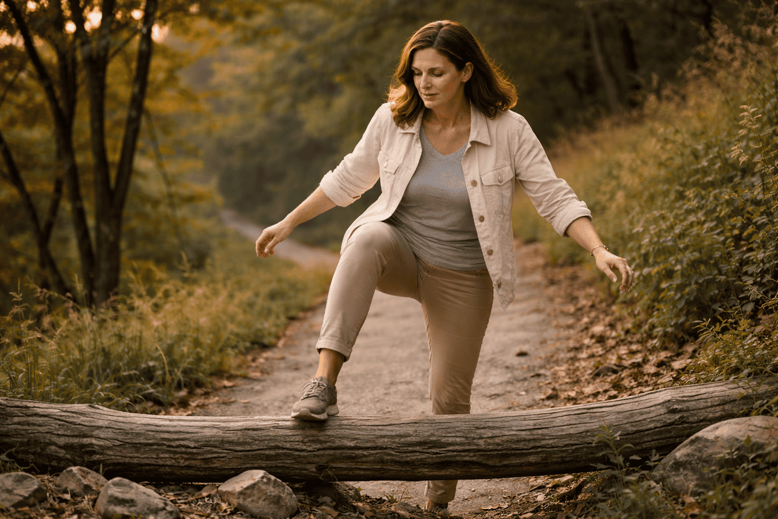 Woman stepping over a fallen tree on a forest path at golden hour, balancing carefully as she crosses an obstacle, symbolising moving from avoidance to action and overcoming procrastination.