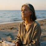 Woman sitting by the sea at golden hour, contemplating her life journey and grieving who she thought she'd be by now