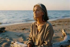 Woman sitting by the sea at golden hour, contemplating her life journey and grieving who she thought she'd be by now