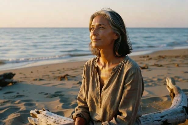 Woman sitting by the sea at golden hour, contemplating her life journey and grieving who she thought she'd be by now